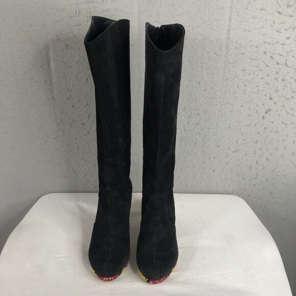 Artemis Suede Boots Womens 8.5 Black Leather Embroidery Heels Boho Retro 70s - Picture 3 of 16